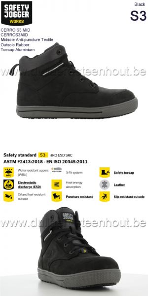 Safety Jogger Sneaker zippée mi-haute tout cuir CERRO S3 MID - noir