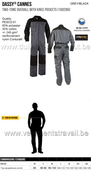 DASSY® Cannes (100286) Combinaison bicolore avec poches genoux - gris/noir