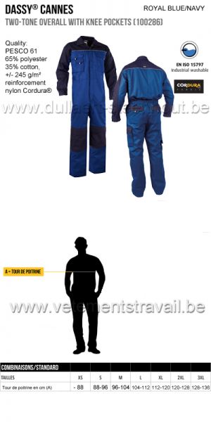 DASSY® Cannes (100286) Combinaison bicolore avec poches genoux - bleu roi/marine